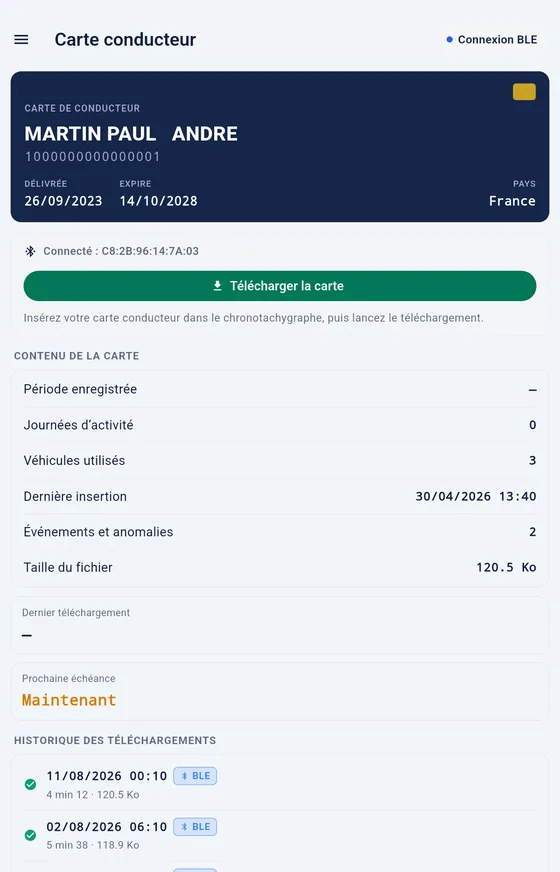 Driver card screen: Bluetooth download and card contents