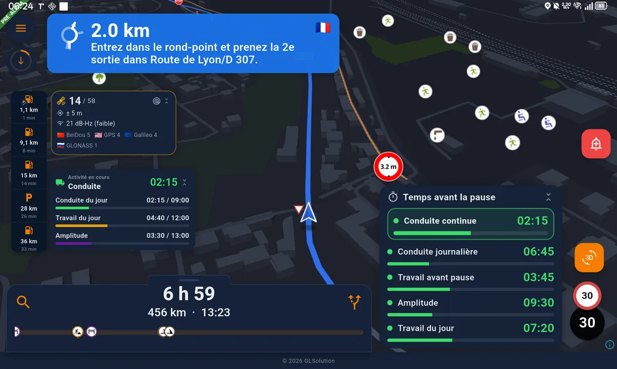 Navigation map with driving-time and time-before-break panels