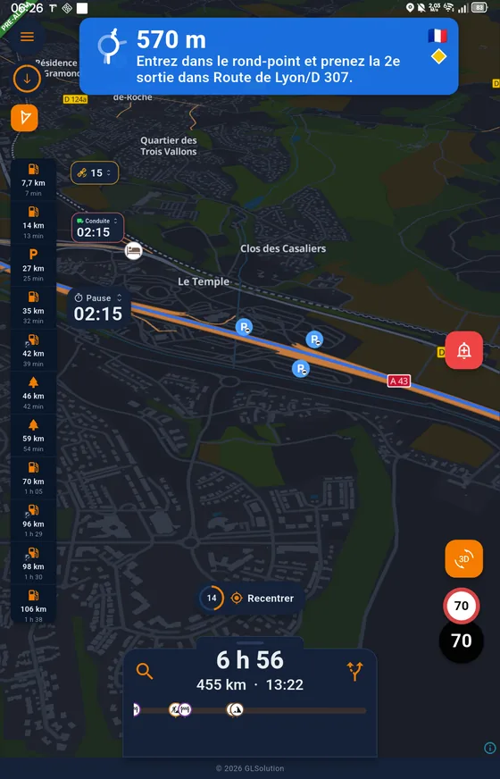Navigation poids lourd TachoPro avec temps de conduite restant